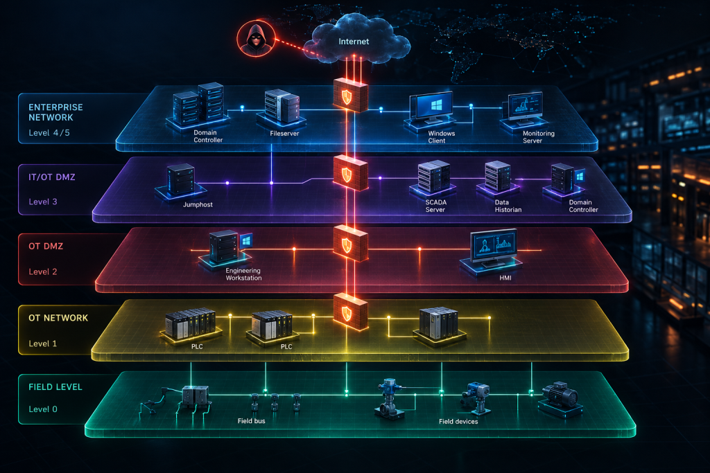 The StealthCup range, from the enterprise network through the IT/OT DMZ down to the OT network and field level